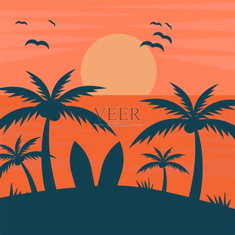 夏天旅游的背景。日落日落，棕榈树在树荫下，冲浪板。矢量插图。插画图片素材_ID:420743311-Veer图库