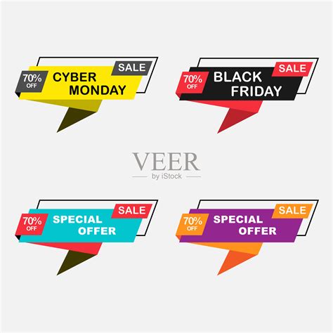 色彩缤纷的特价标签，黑色星期五和网络星期一的促销横幅元素设计模板素材_ID:384646269-Veer图库