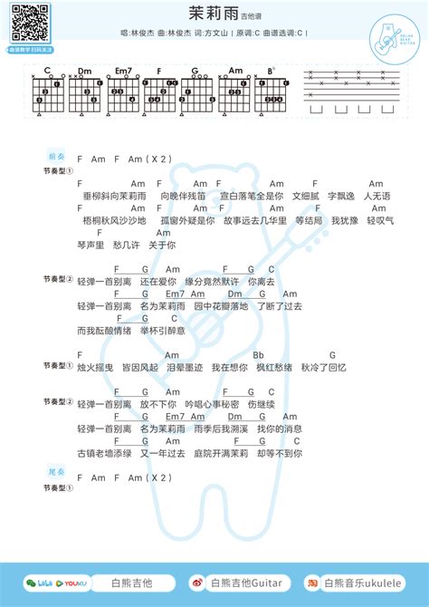 林俊杰《茉莉雨》吉他谱(C调)-Guitar Music Score-看谱啦