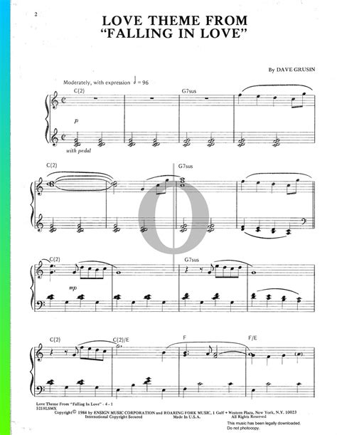 Love Theme (Falling In Love) Sheet Music from Falling in Love by Dave ...