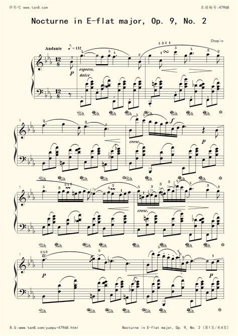 《Nocturne in E-flat major, Op. 9, No. 2,钢琴谱》Chopin（五线谱 钢琴曲 指法）-弹吧|蛐蛐钢琴网