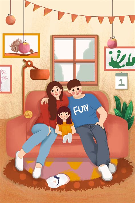 温暖家庭气氛看书暖色系手绘海报插画图片-千库网