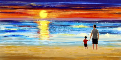 看夕阳海滩的父子插画图片下载-正版图片401738552-摄图网