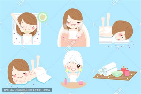 女性在美容院保养脸部及身体按摩概念插图,设计模板,汇图网www.huitu.com