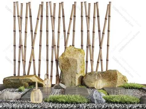 中式石头竹子景观园艺小品3d模型下载_模型ID:69841-让提网