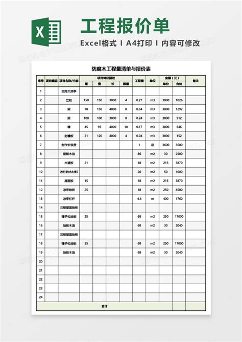 防腐木工程量清单与报价表Excel模板下载_熊猫办公