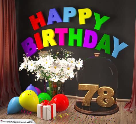 Happy Birthday 78 Jahre Glückwunschkarte mit Margeriten-Blumenstrauß, Luftballons und Geschenk ...