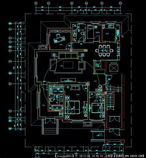 家装CAD图纸[15],美式风格4室2厅CAD施工图全套附效果图-齐生设计职业学校