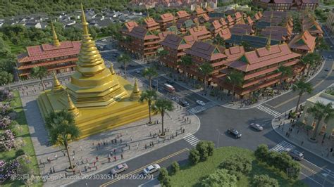 孟连口岸,国界,东南亚建筑,云南西双版纳商业街建筑3D模型_现代场景模型下载-摩尔网CGMOL