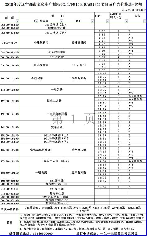 2018年度辽宁都市私家车广播FM92.1/FM105.9/AM1341节目及广告价格表