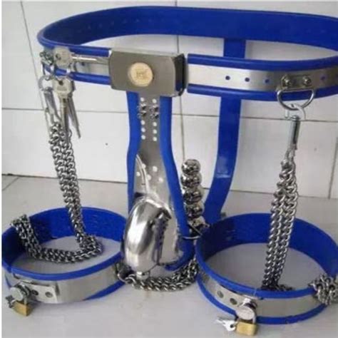 Male Chastity Belt Device blue/ black Stainless steel cage/thigh bands ...