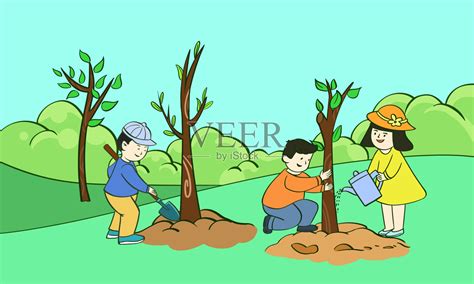 卡通儿童植树节野外种树浇水场景插画图片素材_ID:405870075-Veer图库