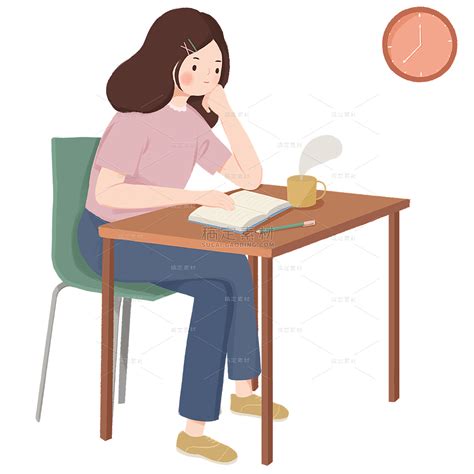 手绘坐在书桌前读书的女孩人物学习元素高端免抠素材下载-稿定素材