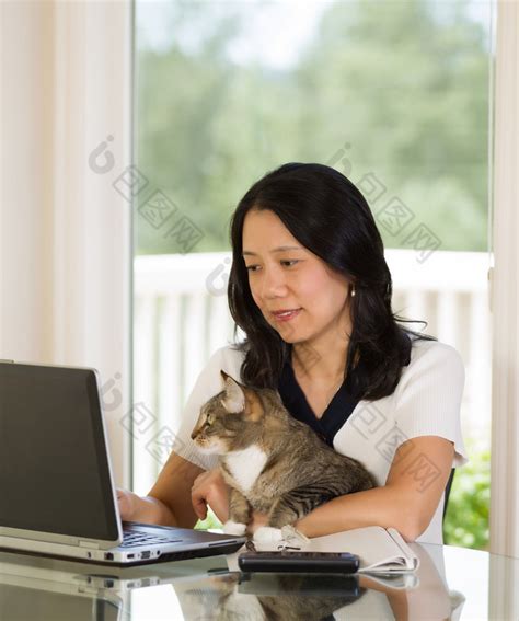 成熟的女人与她的猫在家里工作时放松-包图企业站