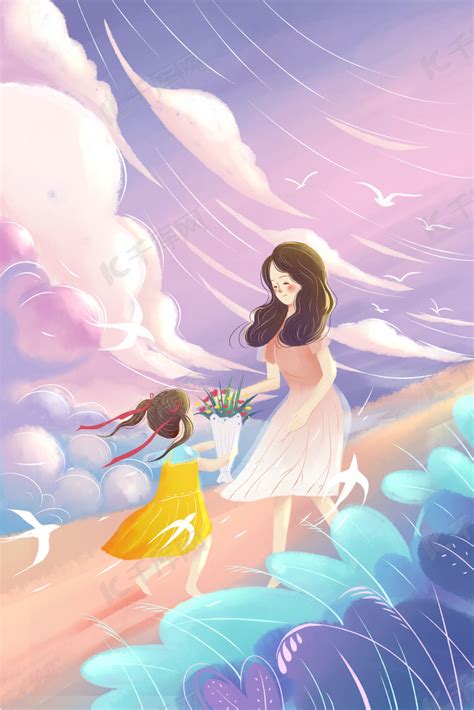 母亲节送花给妈妈粉色卡通母亲节海报背景图片免费下载-千库网