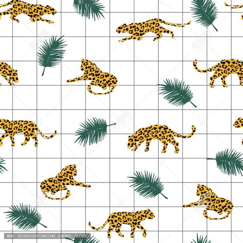 格线上豹子的轮廓与棕榈插图,无缝图案,设计模板,汇图网www.huitu.com