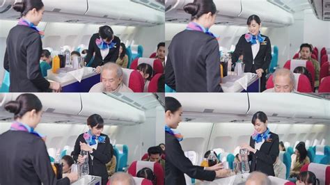 亚洲女空姐走在过道上提供食物和饮料，包括为沿途所有乘客提供服务。机舱乘务员工作和飞机上的职业职责概念_3840X2160_高清视频素材下载 ...