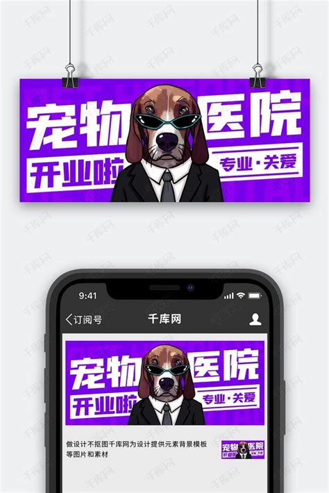 宠物医院开业啦紫色卡通公众号首图海报模板下载-千库网