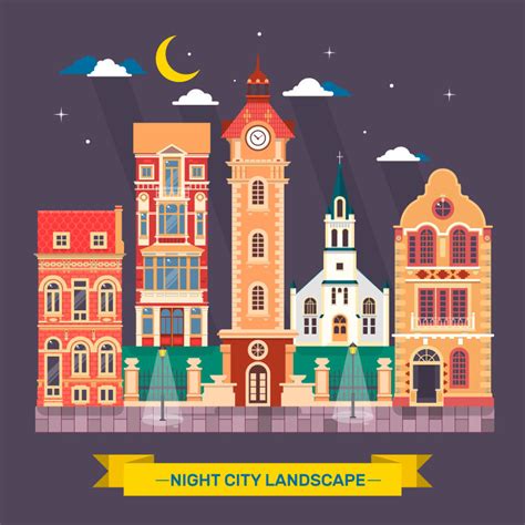 城市夜景小镇天际线平面插图素材-高清图片-摄影照片-寻图免费打包下载