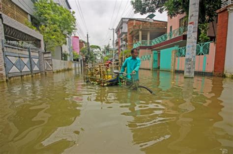 印度持续降雨洪水淹没街道房屋 民众趟水出行_西里古里