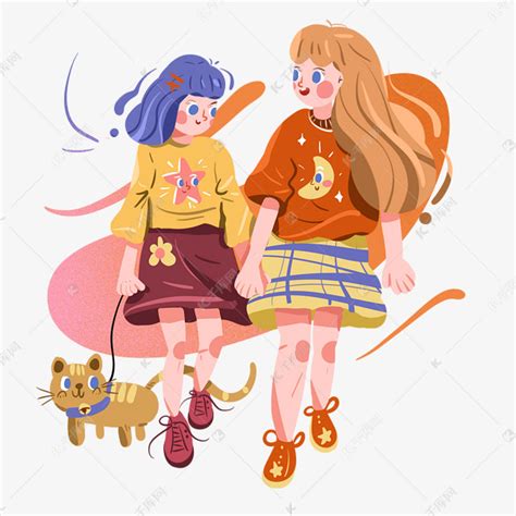 儿童节遛猫散步的两个女孩素材图片免费下载-千库网