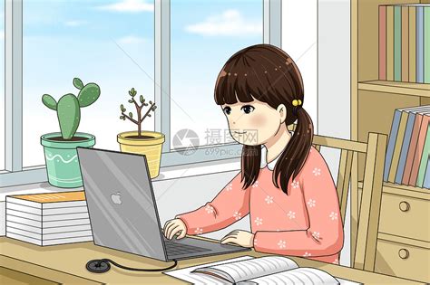 学生在家用电脑在线远程上课学习插画图片下载-正版图片401677547-摄图网