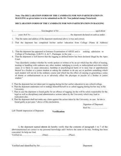 Anti-ragging Declaration Format - College of Technology, Pantnagar