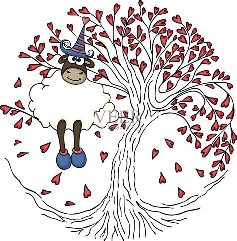 绵羊坐在爱情树上插画图片素材_ID:165369158-Veer图库