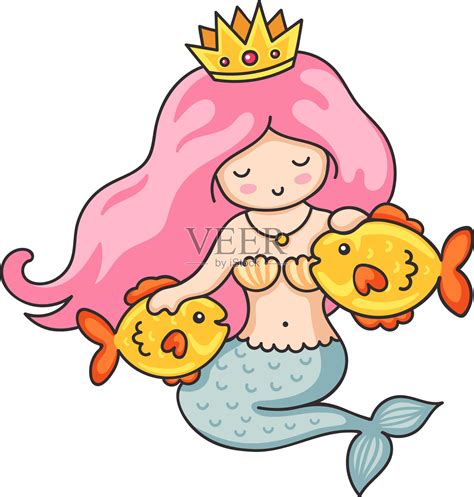 可爱的美人鱼公主戴着皇冠和两个金色插画图片素材_ID:365977601-Veer图库