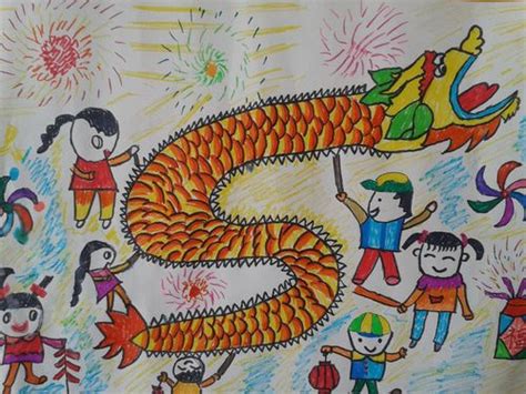 新年舞龙会 - 儿童画画大全_简单漂亮儿童画作品_基础入门儿童绘画教程 - 咿咿呀呀儿童手工网