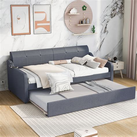 Twin Size Daybed with Trundle & USB Charging Design, Upholstered Sofa ...
