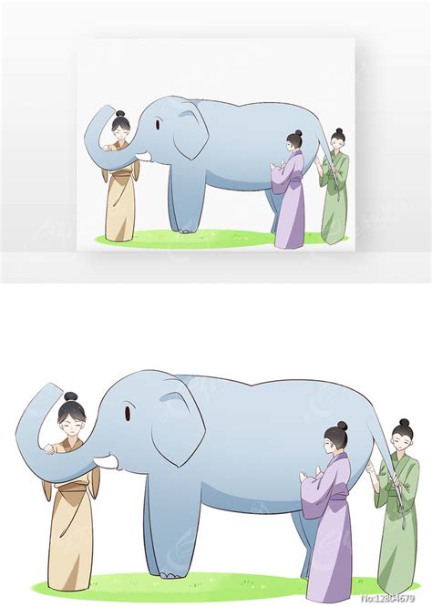 成语盲人摸象灰色大象站立古装盲人摸大象图片下载_红动中国