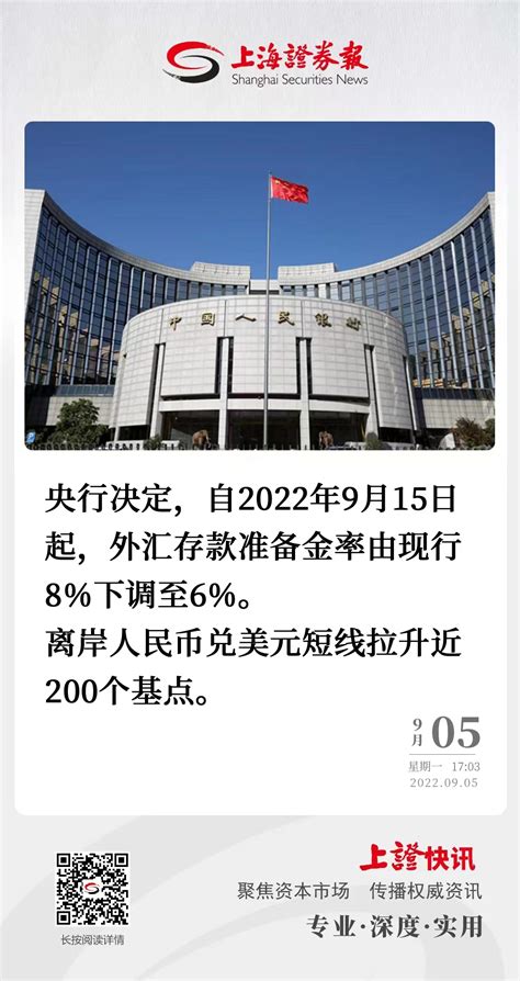 中国人民银行：自9月15日起外汇存款准备金率由现行8%下调至6%-新闻-上海证券报·中国证券网