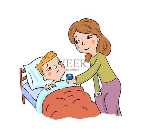 母亲给生病的儿子吃药插画图片素材_ID:424870427-Veer图库
