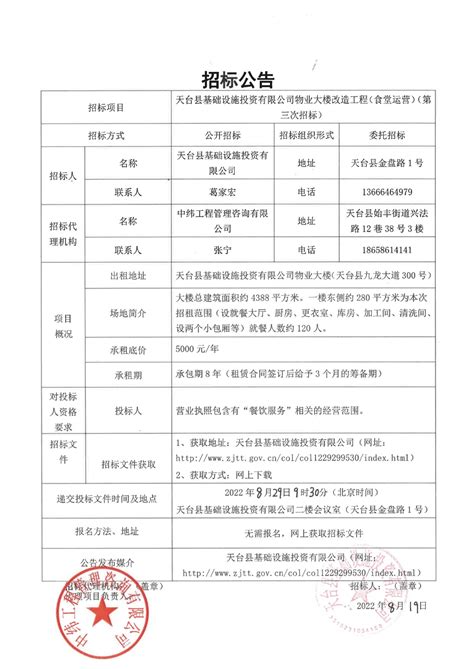 天台县基础设施投资有限公司物业大楼改造工程（食堂运营）（第三次招标）招标公告