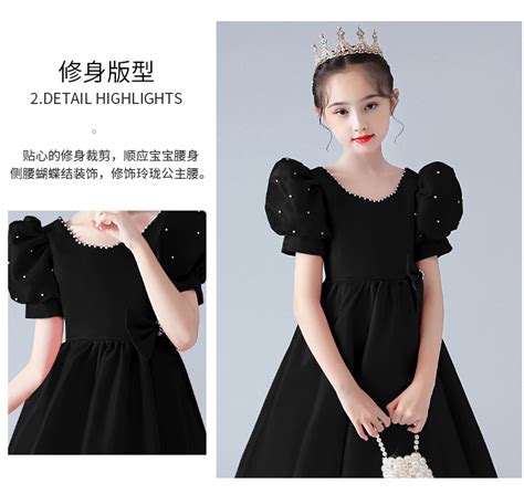 钢琴演奏礼服女童主持人礼服高贵洋气黑色晚礼服女孩演出服公主裙-阿里巴巴