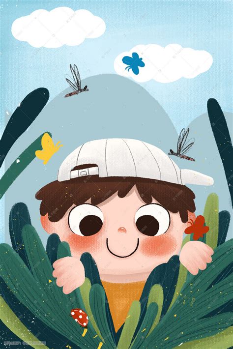 春季儿童探险童趣草丛小清新活动插画图片-千库网