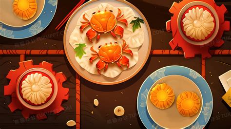 中秋节美食白天螃蟹和月饼餐桌吃午餐摄影图配图高清摄影大图-千库网