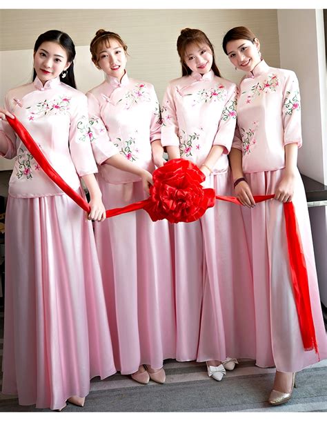 伴娘礼服女2020新款春季粉色仙气质中式姐妹团闺蜜装中国风连衣裙 | 中式婚礼