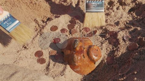 寻宝。孩子们扮演考古学家，挖掘隐藏在海滩沙滩上的旧小猪存钱罐，并挑选硬币。_3840X2160_高清视频素材下载(编号:8181947)_实拍 ...