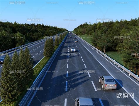 现代高速公路车道树木汽车3D模型下载_ID10357876_3dmax免费模型-欧模网