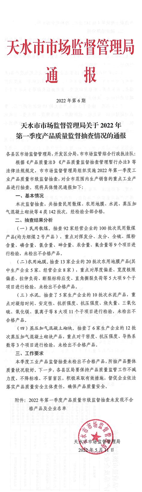 甘肃省天水市市场监管局通报2022年第一季度产品质量监督抽查情况-中国质量新闻网