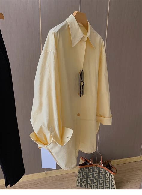 黄色圆角领棉弹时尚OL长袖衬衫