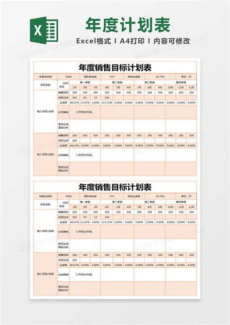 橙色简约年度销售目标计划表模版Excel模板下载_熊猫办公