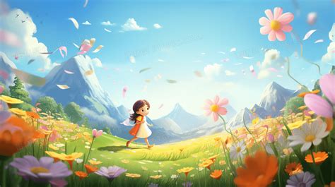 小女孩在花丛中伸开手和蝴蝶互动插画图片素材下载_jpg格式_熊猫办公