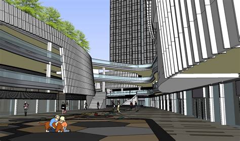 现代底层曲线体块的大型商业综合楼建筑模型su模型下载-光辉城市