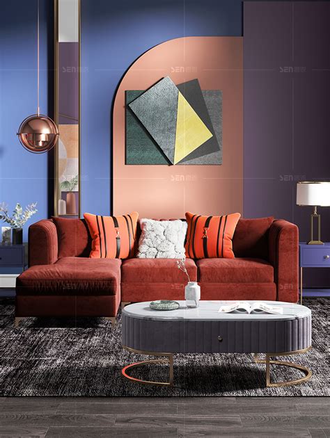 奢恩现代简约美式家具组合套装布艺沙发客厅新款轻奢网红彩色沙发-美间设计