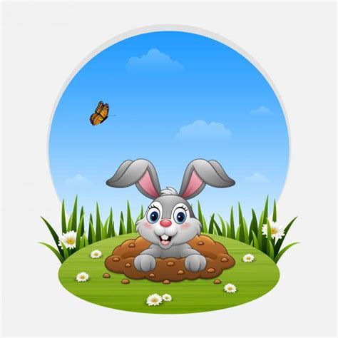 卡通兔子走出草地上的洞 - NicePSD 优质设计素材下载站
