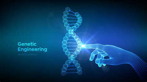 Hand touching DNA sequence molecules structure mesh. Wireframe DNA code editable ...