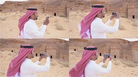 年轻的沙特男子在赫格拉拍摄岩石切割的坟墓_3840X2160_高清视频素材下载(编号:9755436)_实拍视频_光厂(VJ师网) www ...